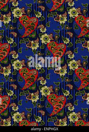 Paisley rouge et vert clair fleurs sur fond bleu Illustration de Vecteur