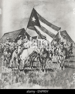 Le drapeau de Cuba - cavalerie d'insurgés formé d'une charge au cours de la guerre d'Indépendance cubaine Banque D'Images