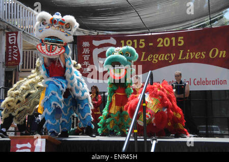 Locke, USA. May 10th, 2015. Les gens effectuer la danse du lion pour célébrer le 100e anniversaire de la ville de Locke, le plus grand et le plus intact exemple survivant d'un monument historique, la communauté sino-américaine en milieu rural dans la région de Locke, au nord de la Californie, aux États-Unis, le 9 mai 2015. Considéré comme le dernier dans le Chinatown rural United States, Locke mis sur son centenaire du nom de l'héritage vit sur le dimanche. Fondée en 1915, Locke, à environ 120 km au nord-est de San Francisco, est la seule ville dans le pays construit par les Chinois pour les Chinois. Locke a été désigné site historique national D Banque D'Images