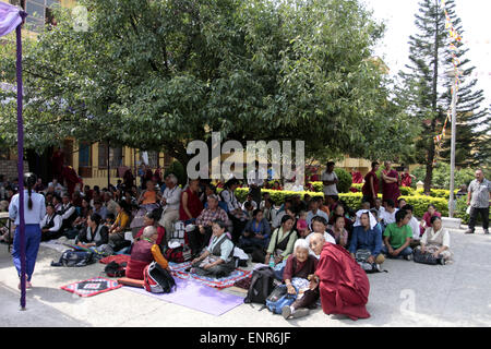 Dharamsala, Inde. 10 mai, 2015. Adeptes Tibétains assis sous l'arbre au cours de l'enseignement de Sa Sainteté le Dalaï Lama à Dharamsala en monastère Gyuto qui prendra fin le mardi 13 mai. Credit : Shailesh Bhatnagar/Pacific Press/Alamy Live News Banque D'Images