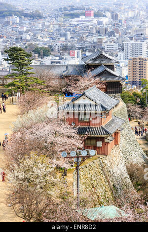 Vue depuis le donjon du château de IYO Matsuyama le long des murs surplombant l'approche principale avec le Harness et Taiko Turret, yagura, et Tsutsui mon porte. Banque D'Images