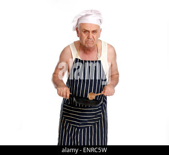 L'homme trempé fétide grincheux comme une mauvaise note chef ou cuisinier dans une cuillère à café, tout en gras il cuisine. Banque D'Images