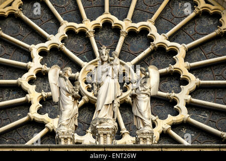 Les figures d'une rose, la Cathédrale Notre Dame de Paris, façade ouest, l'Île de la Cité, Paris, France Banque D'Images