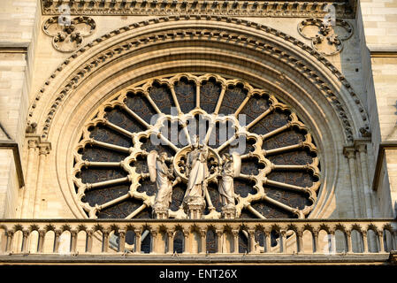 Rosace, Notre Dame de Paris, façade ouest, l'île de la Cité, Paris, France Banque D'Images
