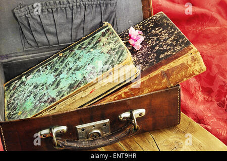 Vieux livres en cuir vintage suitcase Banque D'Images