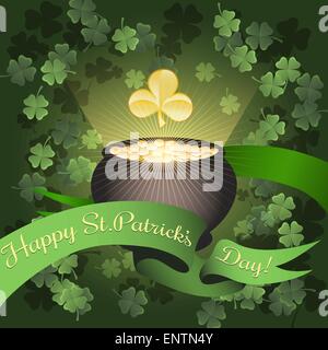 Illustration du chaudron rempli de pièces d'or et de salutation Saint Patricks Day contre les projections de ruban trèfles Illustration de Vecteur