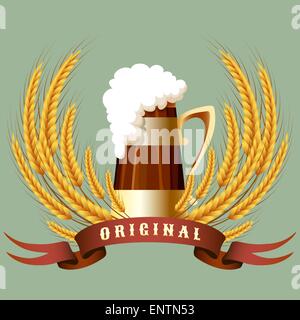 Illustration de beer mug et les oreilles derrière une bannière dessiné dans un style rétro Illustration de Vecteur