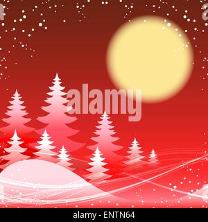 Fêtes de Noël et Nouvel an avec fond rouge et la lune forestière d'hiver Illustration de Vecteur