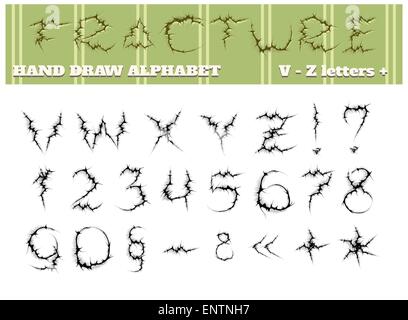 Part attirer l'alphabet. Fracture de lettres de v à z et les chiffres. Isolé sur fond blanc. Illustration de Vecteur