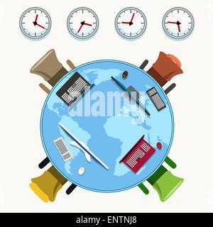 Table de bureau avec des places de travail, chaises et divers horloges fuseau horaire global business modernes comme la conception. Illustration de Vecteur