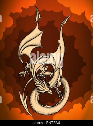 Le dragon volant dans le ciel rouge. Illustration de Vecteur