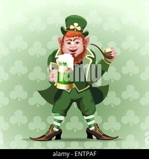 Illustration de lutin souriant avec green beer mug et pipe Illustration de Vecteur