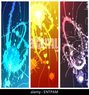 Ensemble d'éclaboussures de peinture fluo chaotique contre l'arrière-plan coloré. Illustration de Vecteur