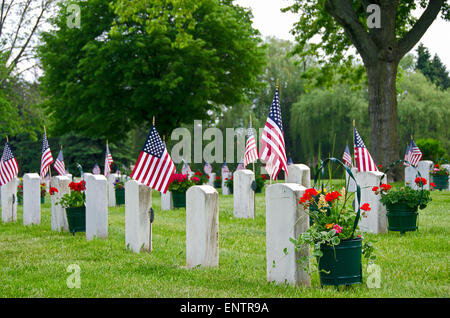 Des drapeaux américains sur les tombes des anciens combattants en cimetière. Banque D'Images