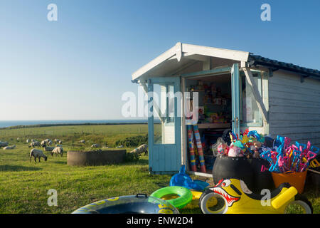 Towyn Porth Beach Hut shack boutique avec des jouets de plage, des seaux et des pelles et des aides à la flottabilité pour vendre l'Honnêteté shop sur ferme avec des moutons Banque D'Images