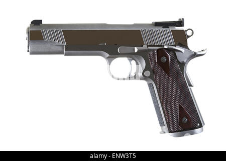 Calibre 45 custom match inox pistolet automatique arme sur isolé sur fond blanc Banque D'Images