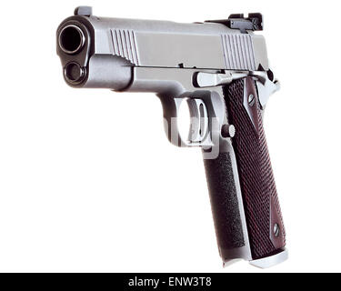 Calibre 45 custom match inox pistolet automatique arme Pistolet sur fond blanc Banque D'Images