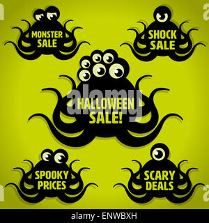 Cinq Scary Halloween Monster Little Black Tentacled Vente icônes sur fond vert Banque D'Images