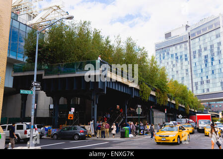 USA, New York, Manhattan, le Gansevoort Woodland à l'extrémité sud du parc linéaire de la ligne haute du nom de la Fondation Tiffany And Co donnent sur à la jonction de Washington Street et Gansevoort Street à Greenwich Village sur une section de chemin de fer désaffectées spur appelé le West Side Line. Banque D'Images