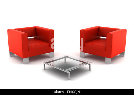 Deux fauteuils rouges avec table isolated on white Banque D'Images