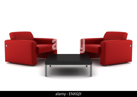 Deux fauteuils rouges avec table isolated on white Banque D'Images