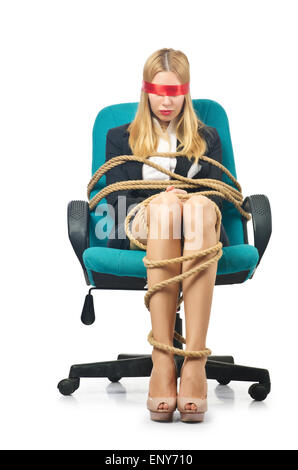 Young woman attaché avec une corde on white Banque D'Images