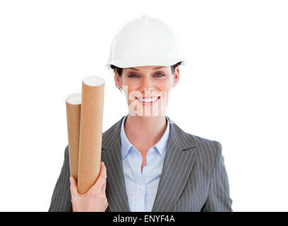 Portrait of a smiling female architect sur un fond blanc. Banque D'Images