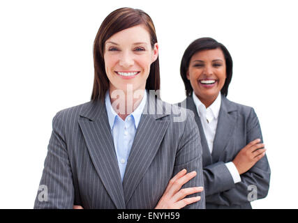Deux femmes d'affaires attrayant sur un fond blanc. Banque D'Images