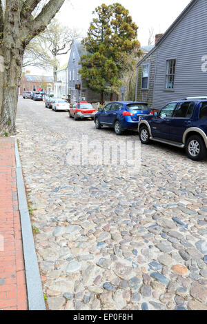 Sur l'île de Nantucket Nantucket Massachusetts. Rue pavée de galets, pierre proche centre ville, centre. Banque D'Images