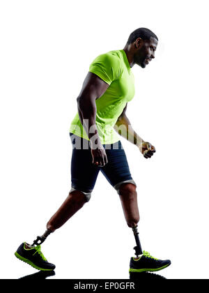 Un homme handicapé musculaire des jambes avec prothèse en silhouette sur fond blanc Banque D'Images