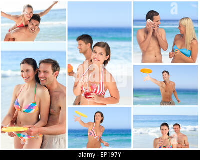 Collage de belle des couples bénéficiant d'un moment ensemble sur une plage Banque D'Images