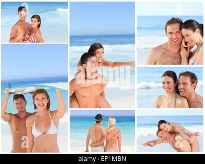 Collage de jolies couples having fun on a beach Banque D'Images