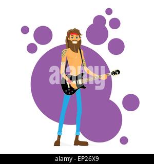 L'homme joue de la guitare avec vecteur barbe hippie Illustration de Vecteur