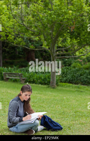 Jeune fille sérieuse fait ses devoirs en restant assis dans un parc Banque D'Images