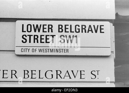 Sandra Rivett Meurtre Novembre 1974. Sur la photo : ower Belgrave Street London SW1 où - ex-femme - Lady Lucan et enfants vivaient. Richard John Bingham 7e comte de Lucan populairement connu comme Lord Lucan était la collègue qui a disparu dans les premières heures du 8 novembre 1974, à la suite du meurtre de Sandra Rivett ses enfants en nourrice le soir précédent. Il n'y a eu aucune observation vérifiée de lui depuis. Le 19 juin 1975 un jury d'enquête nommé Lucan que le meurtrier de Sandra Rivett. Il a été présumé décédé en instance le 11 décembre 1992 et déclarée juridiquement morts en octobre 1999. Banque D'Images