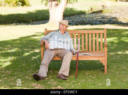 Senior man sleeping on the bench Banque D'Images