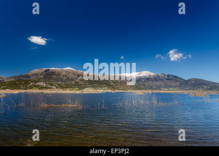 Dans le lac Stymfalia Corinthia, Grèce avec les montagnes enneigées en arrière-plan se reflétant dans les eaux du lac Banque D'Images