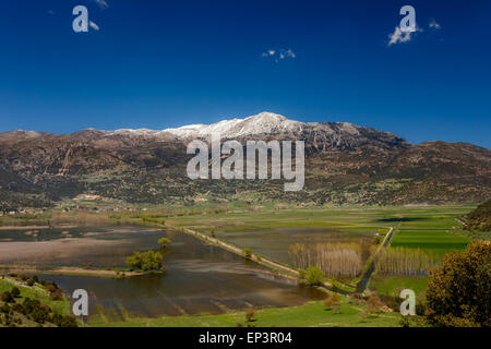 Dans le lac Stymfalia Corinthia, Grèce avec les montagnes enneigées en arrière-plan se reflétant dans les eaux du lac Banque D'Images