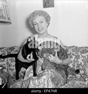Deutsche Fernsehansagerin Angelika Feldmann mit ihren zwei Katzen im Wohnzimmer, Deutschland 1950er Jahre. German TV présent Banque D'Images