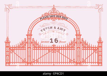 Vecteur. Carte d'invitation de mariage vintage en métal forgé avec éléments séparés par des couches Illustration de Vecteur