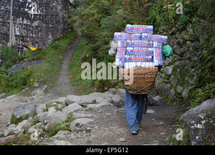 Un portier Sherpa transportant une lourde charge de la bière lager et de fournir les randonneurs le long du sentier du Camp de base de l'Everest Banque D'Images