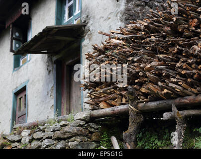 Feu d'hiver le combustible du bois stocké à l'extérieur d'une maison traditionnelle dans la région de Khumbu Népal près du camp de base de l'Everest trek vélo Banque D'Images