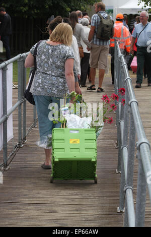 L'achat et la valeur comptable de l'acheteur les plantes et fleurs dans le transporteur en RHS Hampton Court Flower Show, Juillet 2014 Banque D'Images