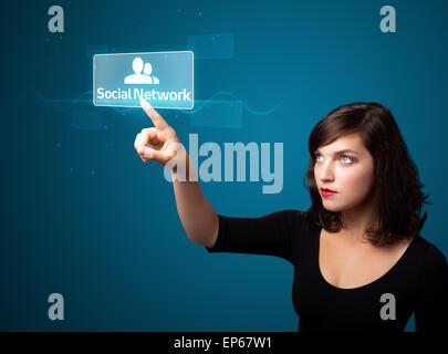 Businesswoman pressing social moderne type d'icônes Banque D'Images