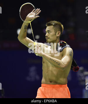 Dongguan, la province chinoise du Guangdong. 14 mai, 2015. Lin Dan de Chine célèbre lors de la finale contre Marc Zwiebler de l'Allemagne à 2015 Sudirman Cup Championnats du monde BWF Équipe mixte à Dongguan, Province du Guangdong en Chine du sud, le 14 mai 2015. Credit : Liang Xu/Xinhua/Alamy Live News Banque D'Images