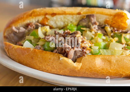 Philly Cheesesteak avec oignons en dés les poivrons et les champignons avec des croustilles et la salsa sur le côté Banque D'Images