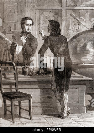 Nicéphore Niépce, tandis qu'encore inconnus et pauvres, dans Charles Chevalier et instruments optiques shop. Charles Louis Chevalier, 1804- 1859. Ingénieur français/opticien. Nicéphore Niépce, né Joseph Niépce,1765 - 1833. Inventeur français de la photographie. Banque D'Images