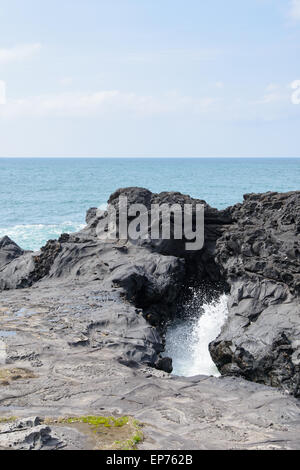 Paysage avec jet d'eau par l'eau de mer a frappé par tunnel entre des pierres sur la côte près de la route 16 en piste Olle Jeju Banque D'Images