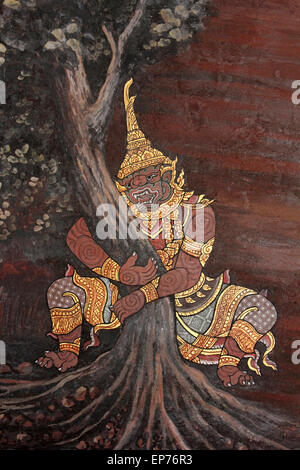 Peinture murale thaïlandais dans le Phra Rabiang (la galerie) dans Wat Phra Kaew (Temple du Bouddha d'Émeraude), Bangkok Banque D'Images