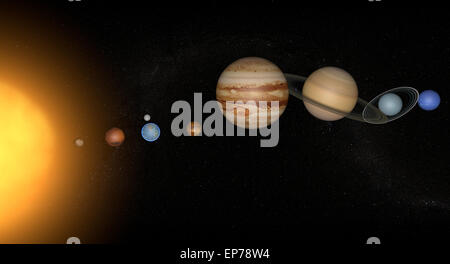 Illustration des planètes du système solaire et quelques unes de leurs satellites, ainsi que plusieurs planètes naines. Au-dessus est le Banque D'Images